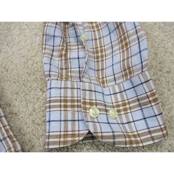 Peter Millar Shirt Adult Large Blue Brown Plaid Button Up Linen Cotton Mens - Picture 5 of 13
